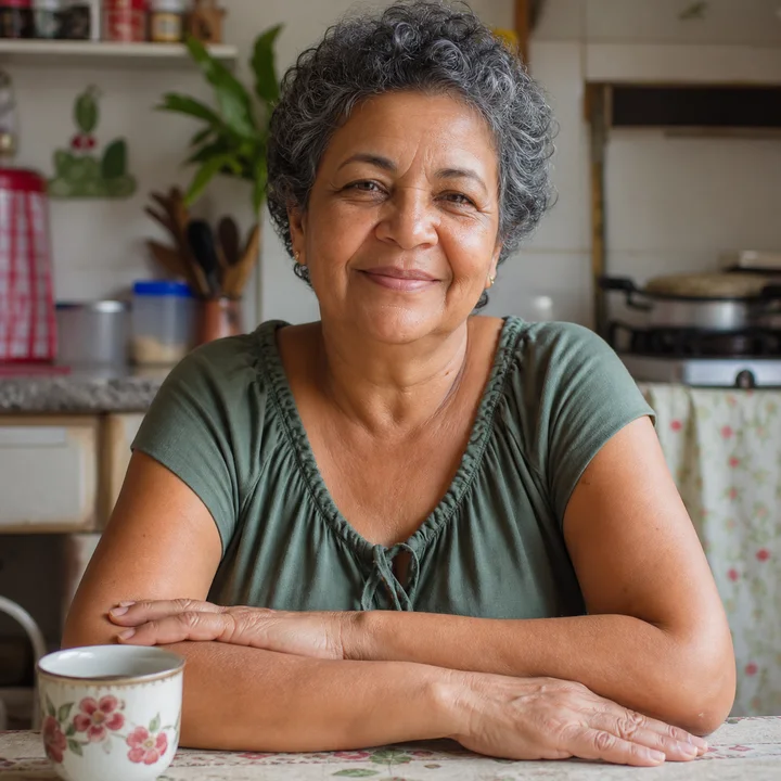 Mulher madura em uma cozinha, personagem de uma situação ilustrativa