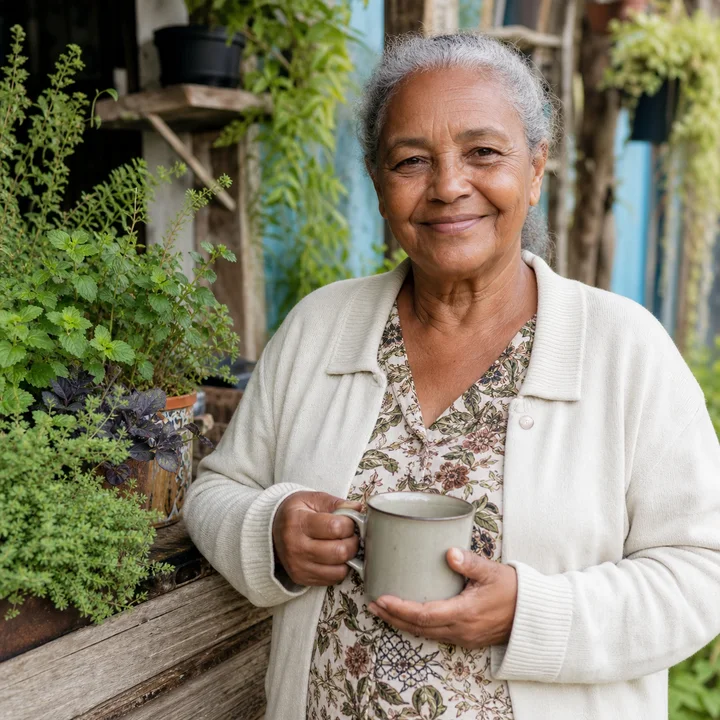 Mulher idosa em um jardim doméstico, personagem de uma situação ilustrativa